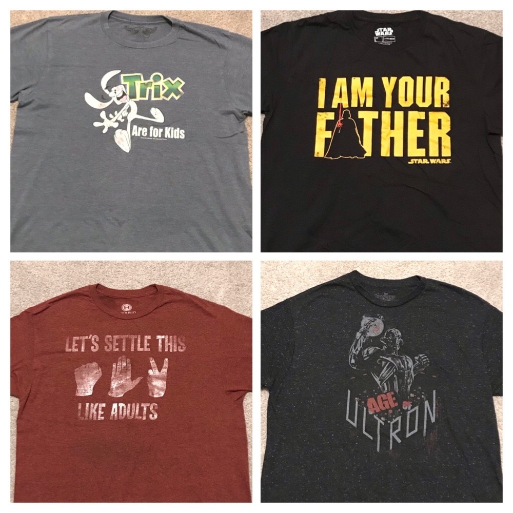 3 for $29 / $10 each FUN T’s (“Rock-Paper-Scissors” T not included; sold)